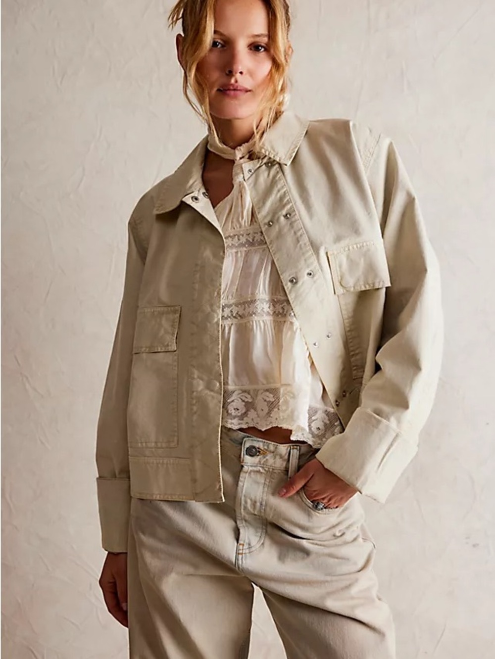 Free People Suzy Linen Utility Jacket Oat Sand Size Large New Neutral Taupe